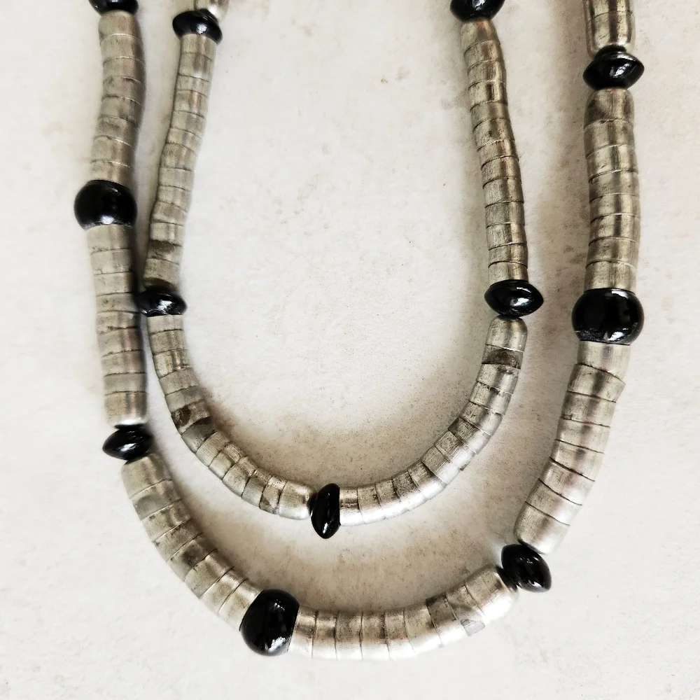 Double Strand Silvertone Stacked Serpentine Metal Cap and Black Beaded Necklace